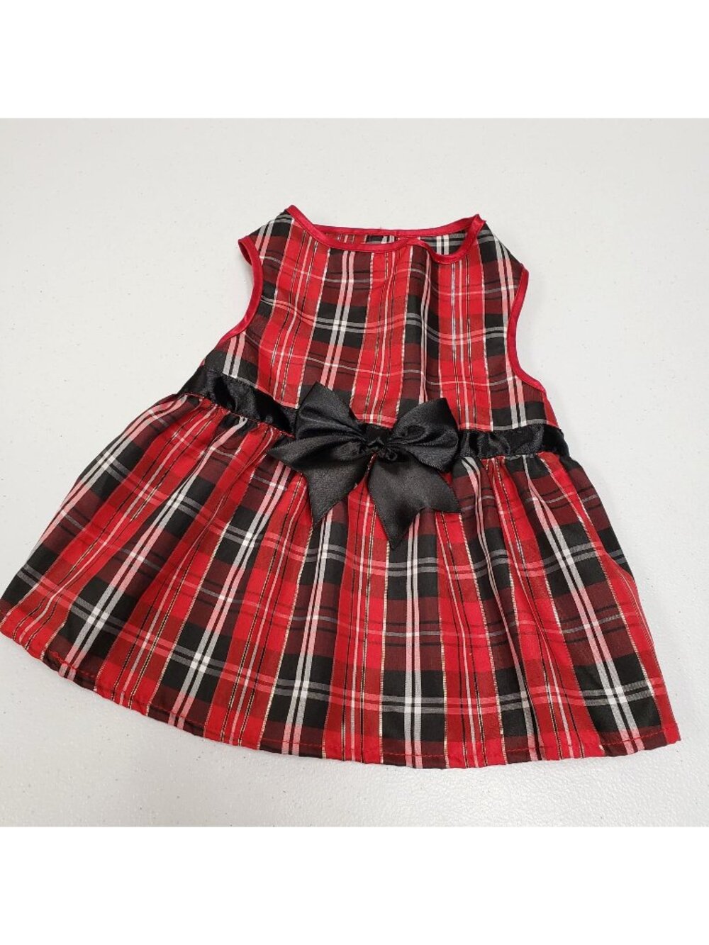 Plaid Dog Pet Dress with Black Satin Bow Size M Simply Dog